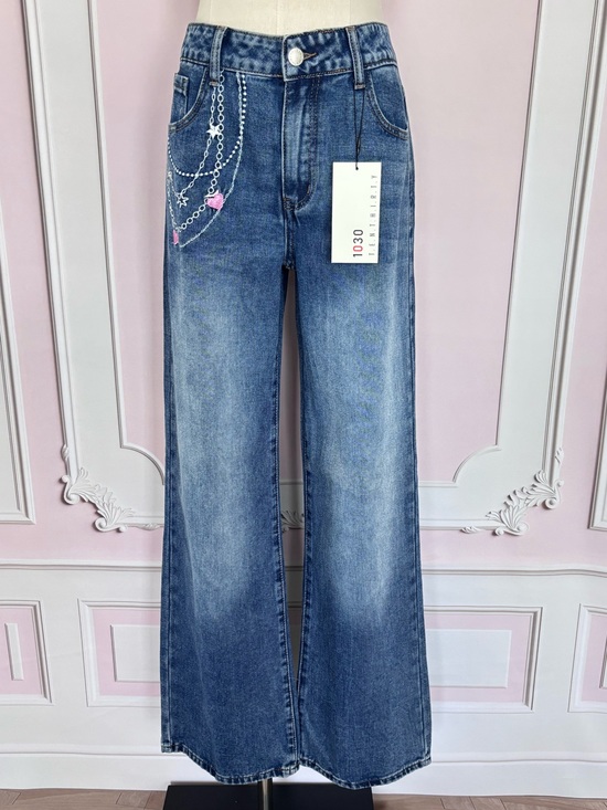 1030 Tenthirty Denim - 1030 TenThirty Mid Rise Relaxed Baggy Wide Leg Embroidered Blue Jeans--NWT--27
